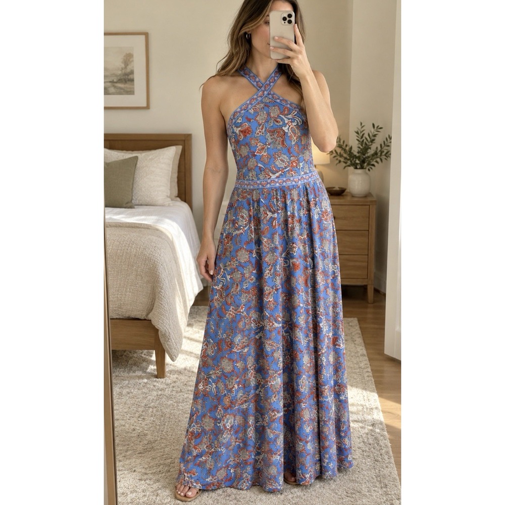Boden Paisley Halter Maxi Dress Blue White Ecovero Viscose US 16/18R Pockets